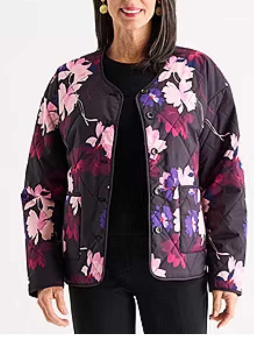 Liz Claiborne Black pink lightweight quilted Floral button down Jacket S NWT